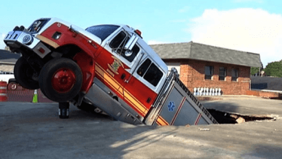 Fire Truck Falls in Sink Hole