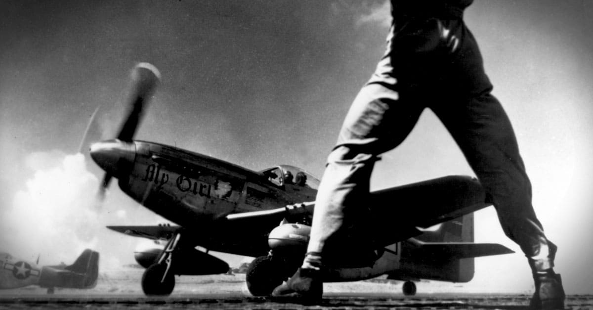 P-51-A North American P-51 takes off from Iwo Jima, in the Bonin Islands