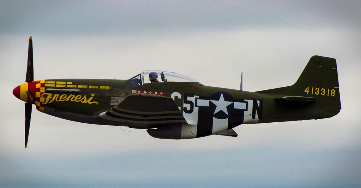 P-51-A P-51 Mustang aircraft flies past spectators during the 2017 Royal International Air Tattoo (RIAT)