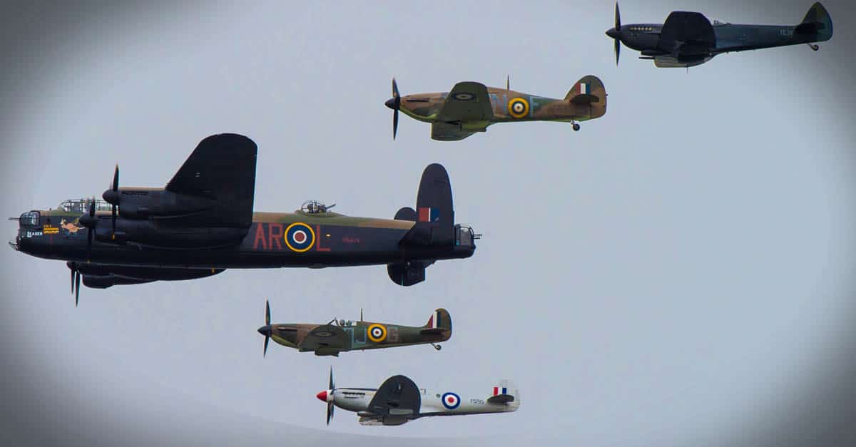 Supermarine Spitfire- An Avro Lancaster and four VS Spitfire aircraft fly past spectators during the 2017 Royal International Air Tattoo (RIAT) -