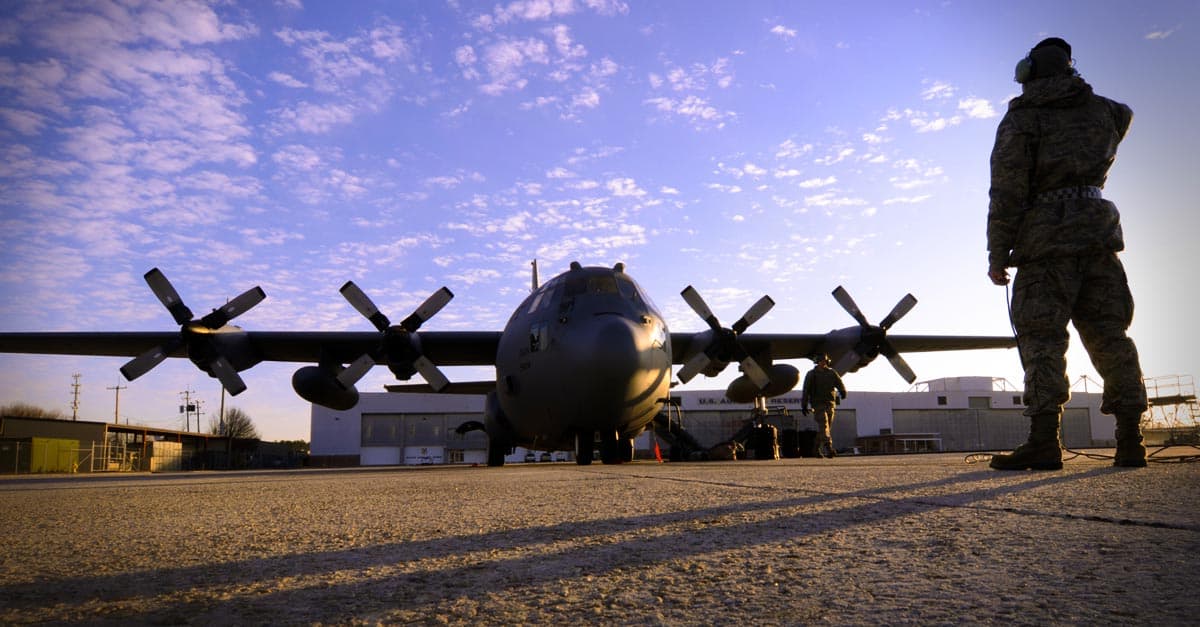 C-130_A U.S. Air Force C-130 Hercules sits on the flightline prior to take off at Dobbins Air Reserve Base, Ga.