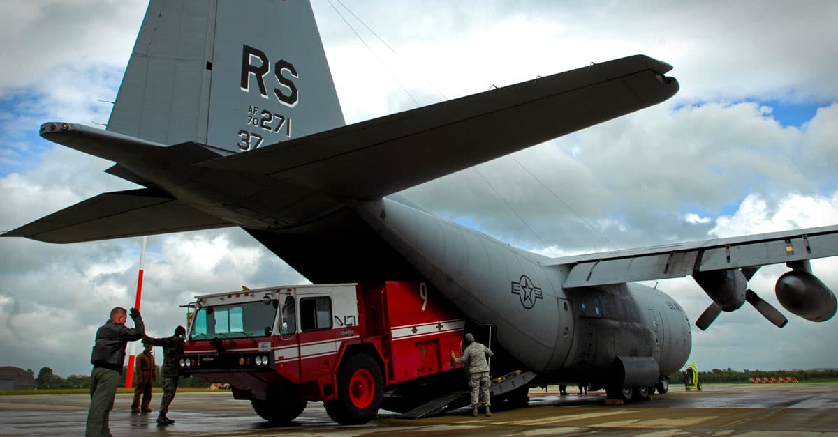 C-130_A fire truck is loaded on to a C-130 Hercules in support of an Operational Readiness Exercise