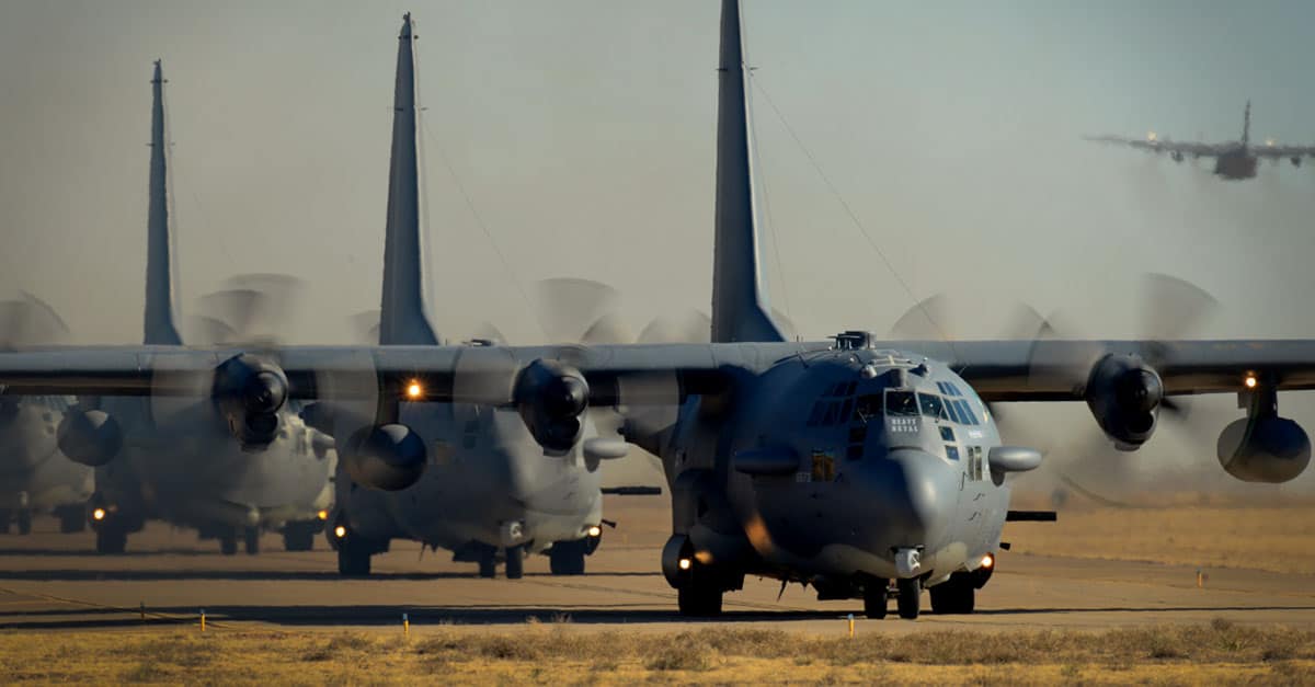 C-130_Eight AC-130H Spectre gunships taxi into position on the flightline prior to the final AC-130H mission