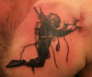 Shoulder Scar Tattoo Chris Earnhart at Arcade Tattoo, CA